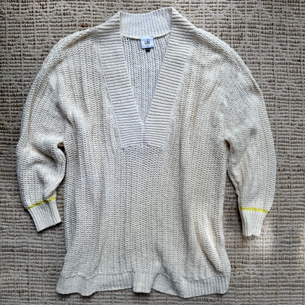 CAbi Chunky Knit Sweater Medium Cream Oversized V Neck Coastal Surf Minimalist